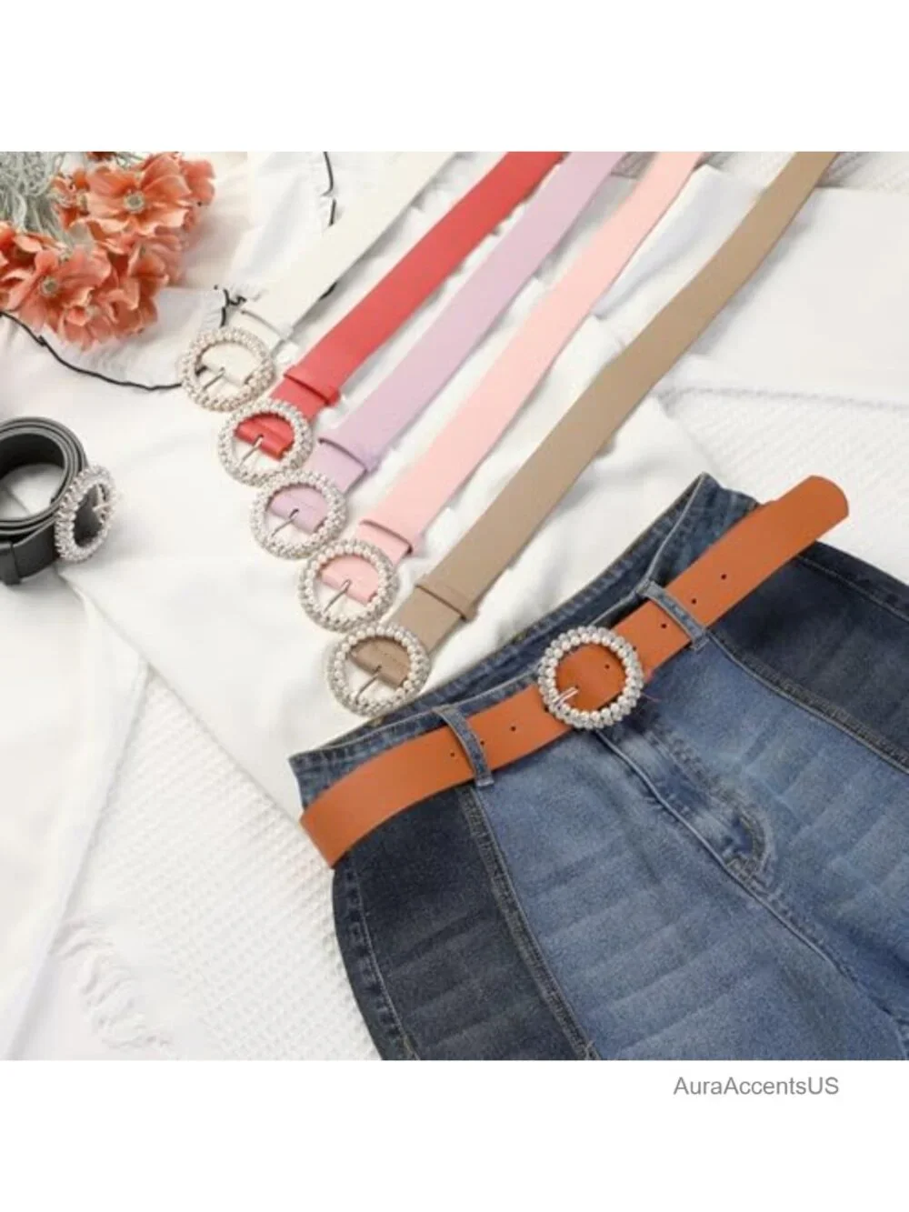 PU Faux Leather Rhinestone Pearl Belt for Dresses Pants
